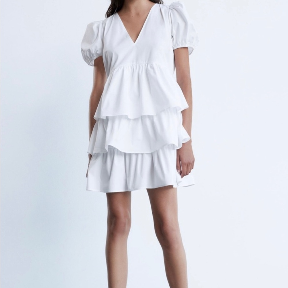 Zara white poplin ruffle dress - small New